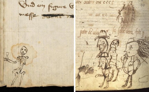 “Un doodle del siglo 15 en el margen inferior de un manuscrito que contiene Sátiras de Juvenal, un texto clásico popular utilizado para enseñar a los niños acerca de la moral.”
