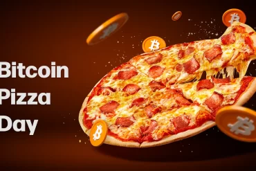 Celebración del Bitcoin Pizza Day con imagen de pizza y símbolo de Bitcoin