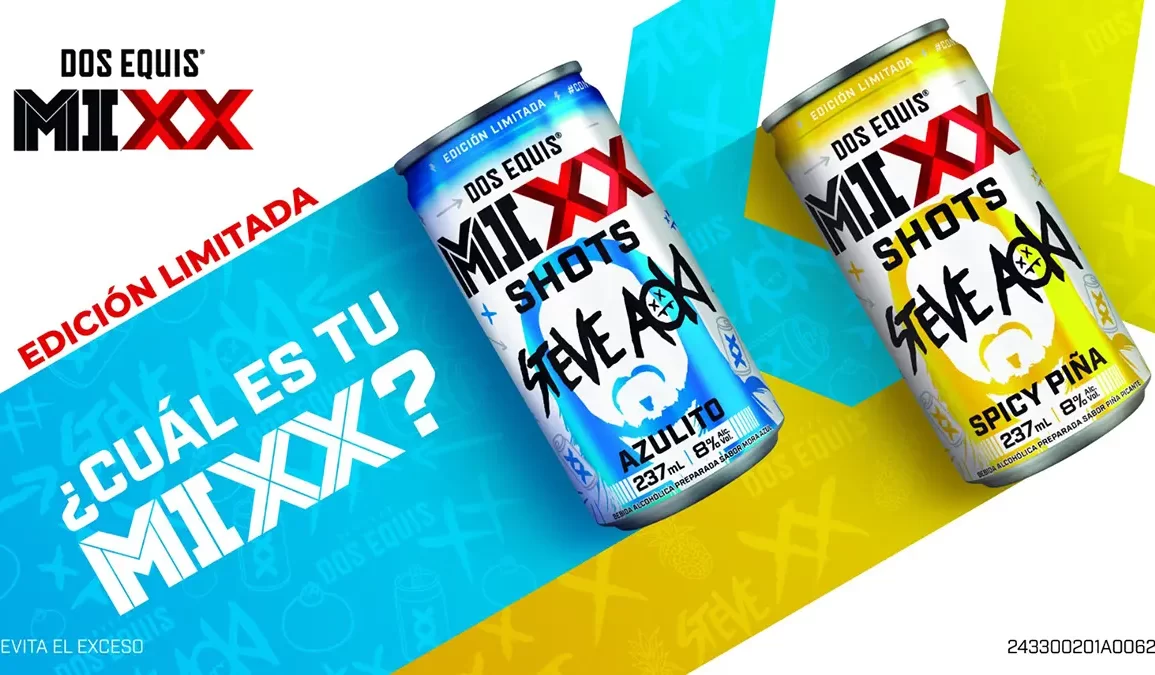 MIXX Shots de Dos Equis y Steve Aoki, edición limitada de bebidas con sabores Spicy Piña y Azulito.