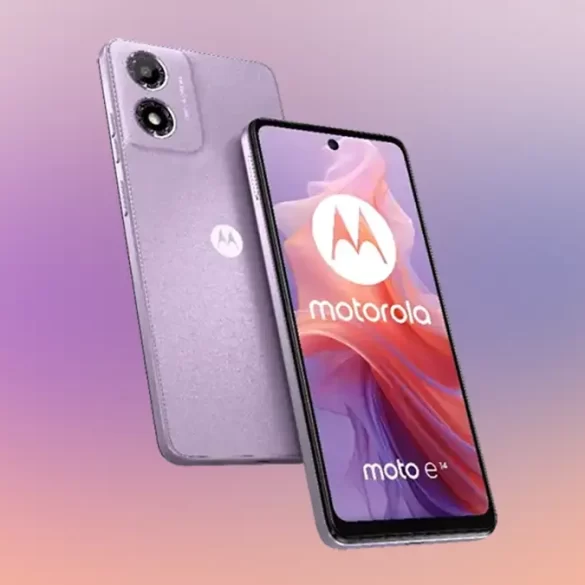 El nuevo moto e14 de Motorola en color negro, mostrando su pantalla de 6.6 pulgadas y diseño elegante.