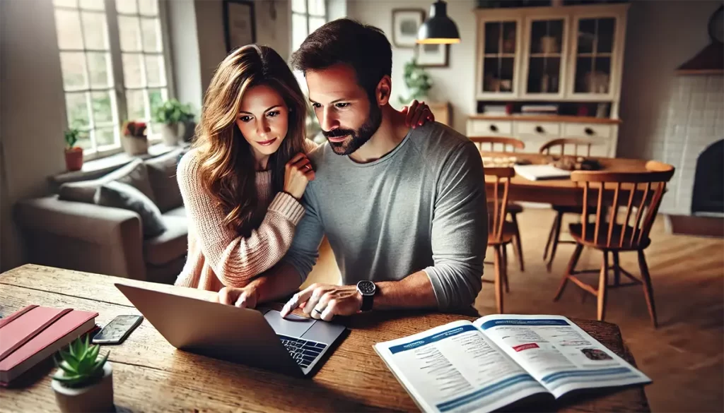 Padres usando una laptop para buscar colegios en Micole