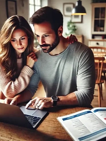Padres usando una laptop para buscar colegios en Micole