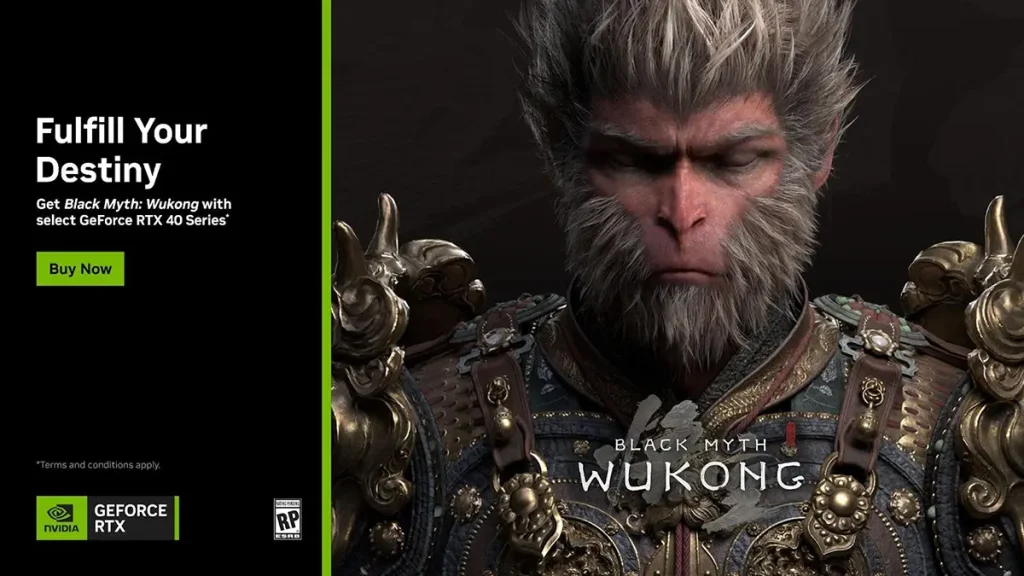 Imagen de una tarjeta gráfica NVIDIA GeForce RTX Serie 40 junto con el videojuego Black Myth: Wukong