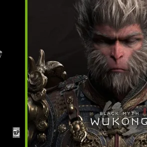 Imagen de una tarjeta gráfica NVIDIA GeForce RTX Serie 40 junto con el videojuego Black Myth: Wukong