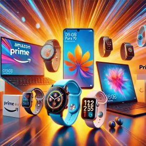 Logo de Huawei junto a la caja de Amazon Prime Day con dispositivos Huawei en el interior.