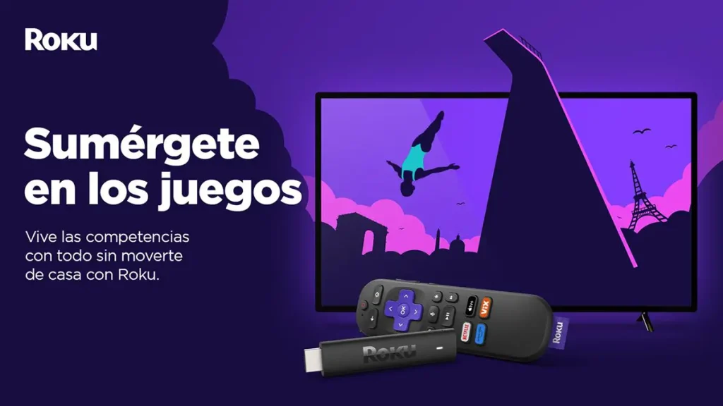 Logo Roku junto a imágenes de atletas compitiendo en los juegos de verano.