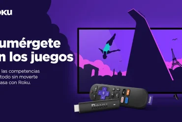 Logo Roku junto a imágenes de atletas compitiendo en los juegos de verano.