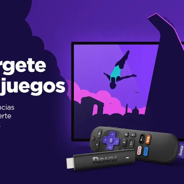 Logo Roku junto a imágenes de atletas compitiendo en los juegos de verano.