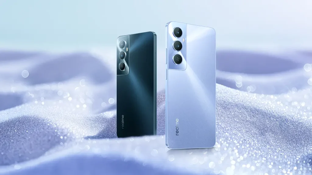 realme C65 en color azul y morado, mostrando su diseño delgado y elegante.