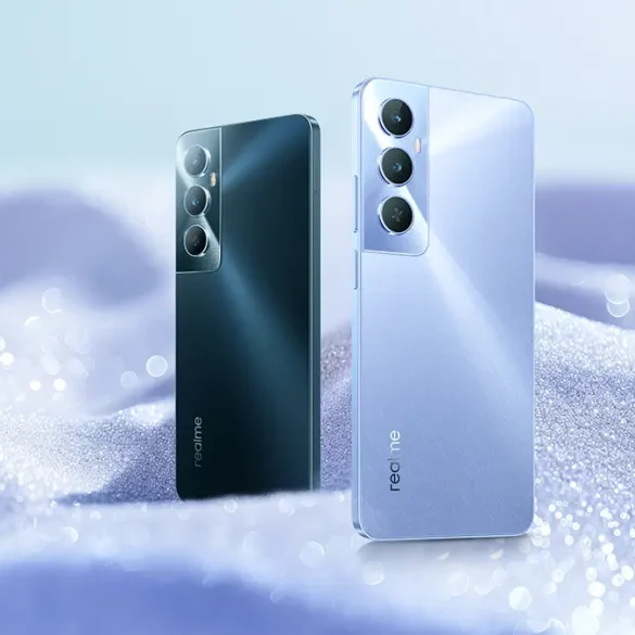 realme C65 en color azul y morado, mostrando su diseño delgado y elegante.