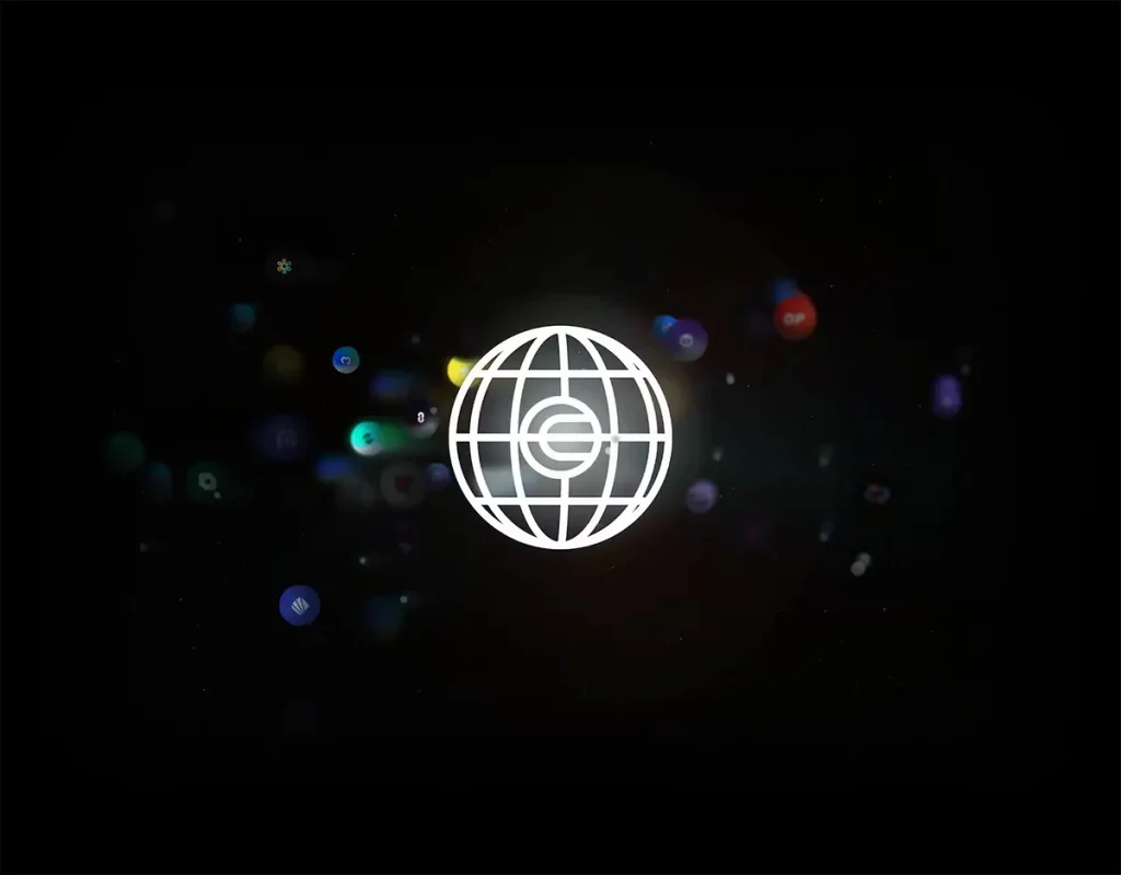 Logotipo de Worldcoin en fondo tecnológico representando la innovación de World Chain