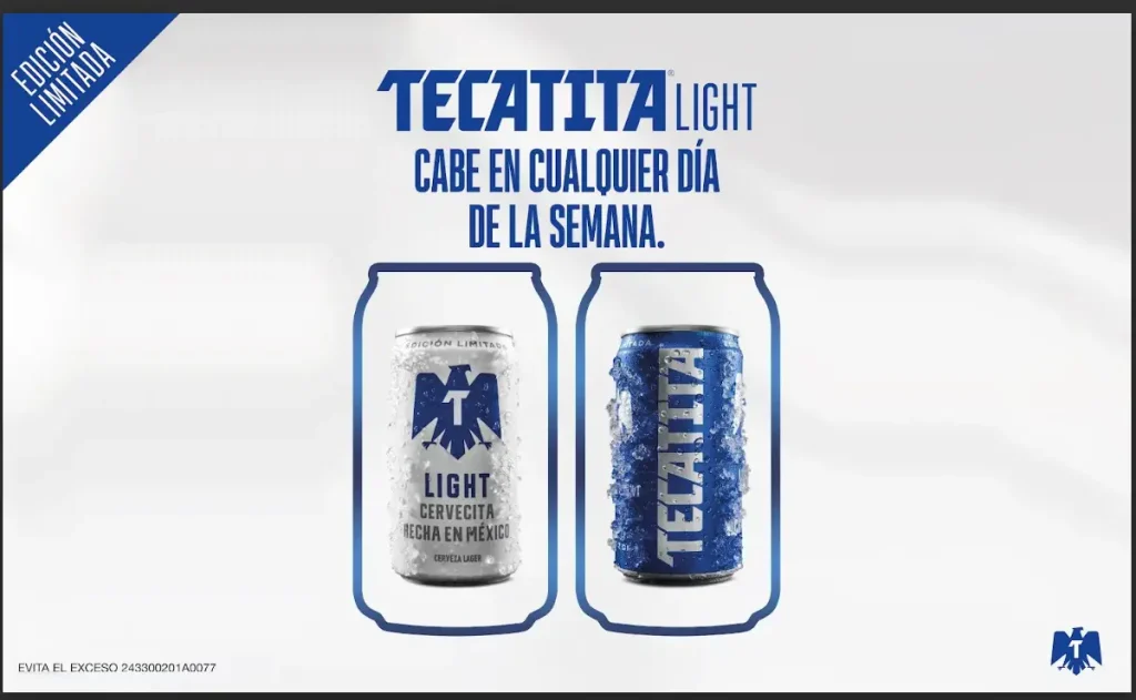 Lata y cuartito de Tecatita Light en fondo festivo