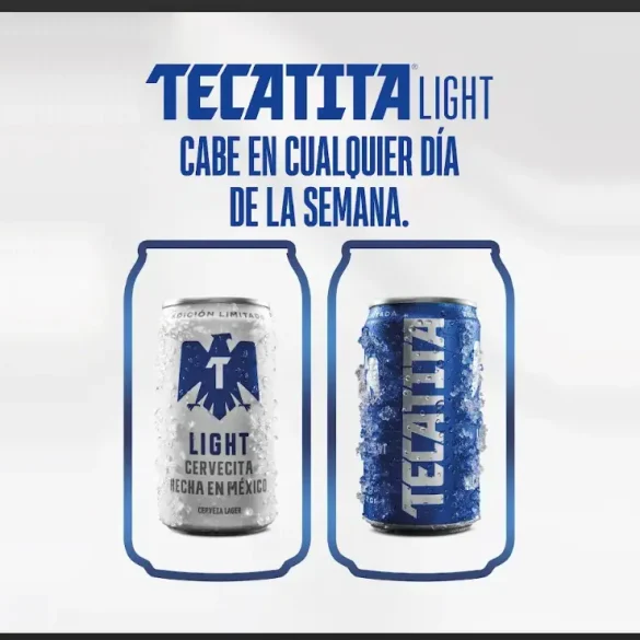 Lata y cuartito de Tecatita Light en fondo festivo