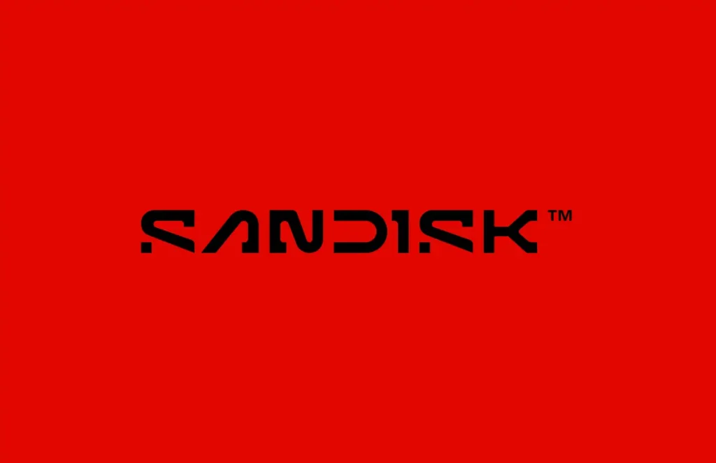 Logotipo de la nueva identidad de Sandisk con diseño minimalista y líneas futuristas