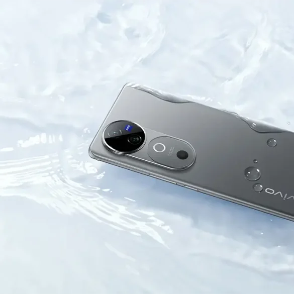 Smartphone vivo V40 siendo utilizado bajo la lluvia en una celebración de fin de año.