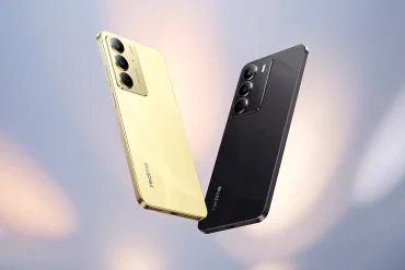 realme C75 en colores dorado y negro, mostrando su diseño resistente y pantalla vibrante.