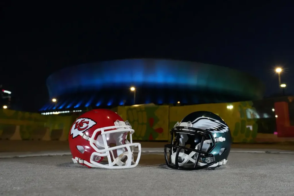 Caesars Superdome Nueva Orleans preparación Super Bowl LIX 2025 vista aérea nocturna