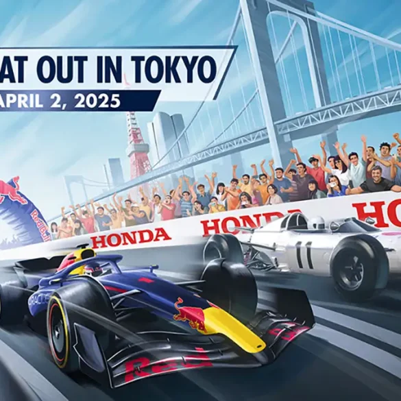 Max Verstappen y Yuki Tsunoda derrapando en bólidos de F1 en Tokio.
