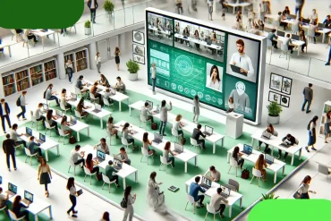 Aula moderna con estudiantes utilizando tecnología educativa para desarrollar habilidades blandas.