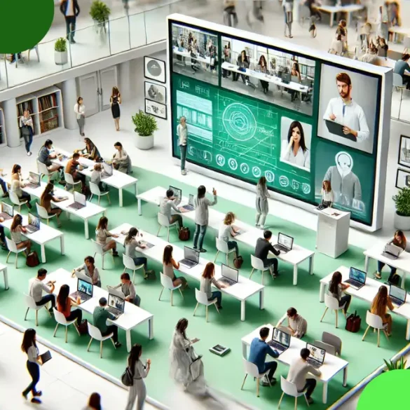 Aula moderna con estudiantes utilizando tecnología educativa para desarrollar habilidades blandas.