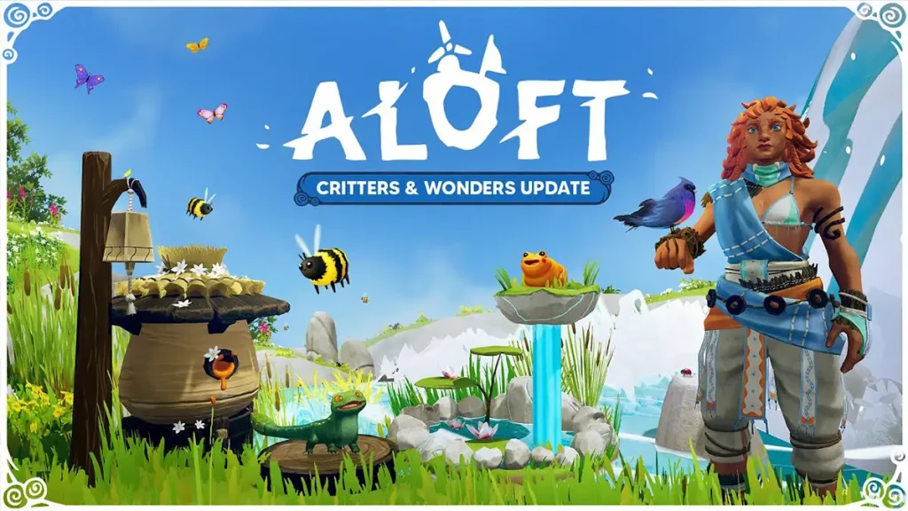 Personaje de Aloft junto a diversas criaturas en la actualización "Critters & Wonders". Se observan abejas, mariposas, un lagarto y una rana en un entorno de islas flotantes con vegetación y cascadas.