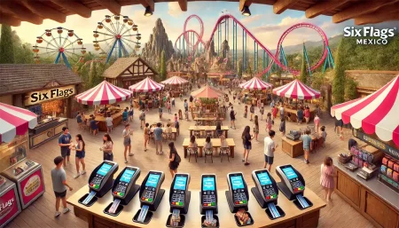 Visitantes de Six Flags México realizando pagos digitales sin efectivo en tiendas y puestos de comida.