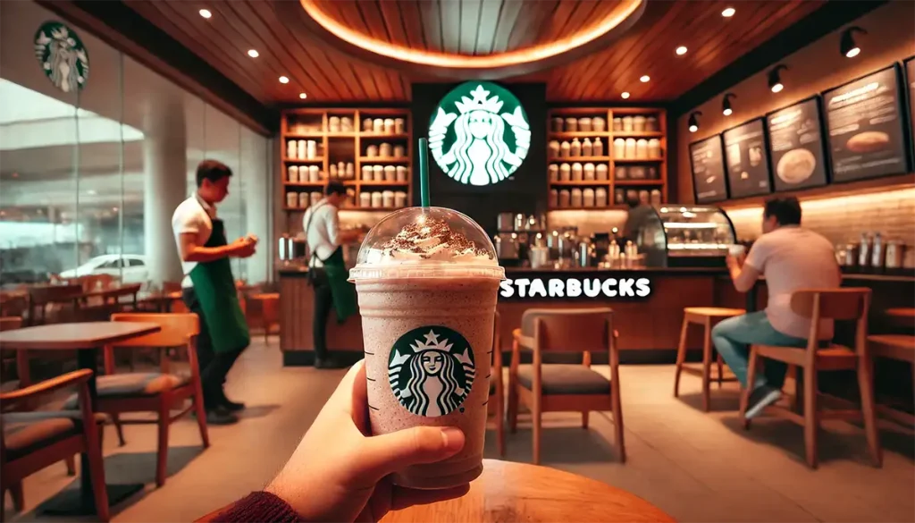 Cliente sostiene un vaso de Frappuccino en una tienda Starbucks en México, con el logo de la marca visible en el fondo.