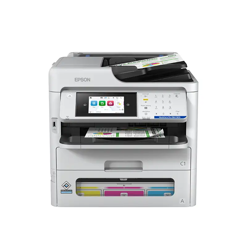  Impresora multifuncional Epson WorkForce Pro EM-C800 con sistema de bolsas de tinta reemplazables.
