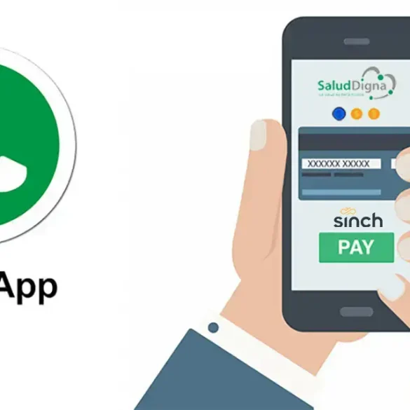 Ilustración de un usuario realizando un pago médico desde su smartphone a través de WhatsApp, con la plataforma de Salud Digna y tecnología de Sinch, reflejando la integración de servicios digitales de salud y métodos de pago seguros y accesibles.