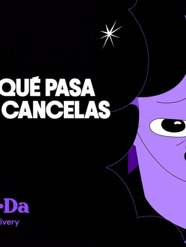 Ilustración de la campaña "Planes Abandonados" de TaDa Delivery con el mensaje "¿Tú sabes qué pasa cada que cancelas un plan? Yo sí", en tonos morado y negro.
