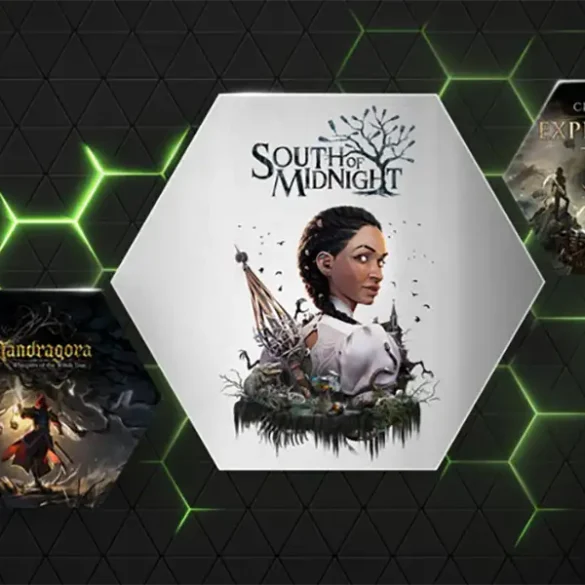 GeForce NOW logo con juegos destacados de abril 2025