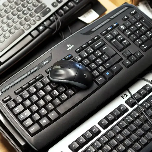 Teclados y mouse usados, apilados como parte de un programa de reciclaje electrónico. Logitech y Lumen incentivan la entrega de estos dispositivos para fomentar la economía circular en México mediante descuentos en nuevos productos.