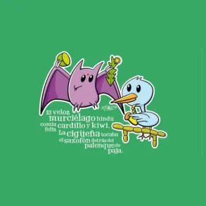 Ilustración de un murciélago morado y una cigüeña azul acompañados de un pangrama en español sobre fondo verde.