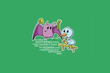 Ilustración de un murciélago morado y una cigüeña azul acompañados de un pangrama en español sobre fondo verde.