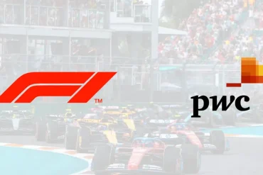 Nuevo logotipo global de PwC junto a un monoplaza de Fórmula 1 en el GP de Miami 2025