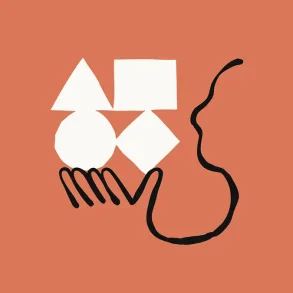 Ilustración abstracta de una mano y un rostro interactuando con figuras geométricas sobre fondo terracota.