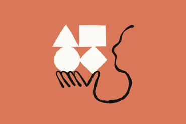 Ilustración abstracta de una mano y un rostro interactuando con figuras geométricas sobre fondo terracota.