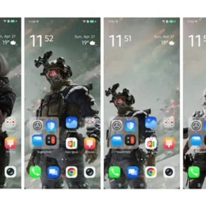 Cuatro smartphones Infinix muestran en pantalla wallpapers exclusivos de Delta Force disponibles en la app XTheme, destacando personajes tácticos del videojuego en alta definición sobre fondos de guerra, integrando personalización y estética gamer.