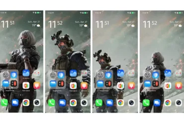 Cuatro smartphones Infinix muestran en pantalla wallpapers exclusivos de Delta Force disponibles en la app XTheme, destacando personajes tácticos del videojuego en alta definición sobre fondos de guerra, integrando personalización y estética gamer.
