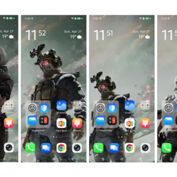 Cuatro smartphones Infinix muestran en pantalla wallpapers exclusivos de Delta Force disponibles en la app XTheme, destacando personajes tácticos del videojuego en alta definición sobre fondos de guerra, integrando personalización y estética gamer.