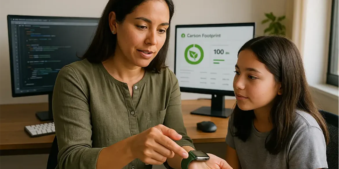 Madre latina muestra a su hija el funcionamiento de un smartwatch en un entorno tecnológico, con pantallas sobre sostenibilidad de fondo.