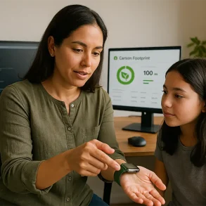 Madre latina muestra a su hija el funcionamiento de un smartwatch en un entorno tecnológico, con pantallas sobre sostenibilidad de fondo.