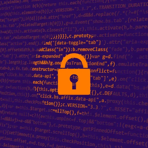 Candado blanco sobre fondo de código JavaScript, simbolizando seguridad digital y protección contra amenazas informáticas.