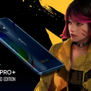 Smartphone realme 9 Pro+ Free Fire Limited Edition flotando sobre fondo oscuro, acompañado por un personaje femenino del videojuego con cabello rosa y chaqueta amarilla. Imagen promocional con estética gamer y estilo gráfico llamativo.