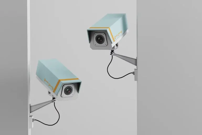 Dos cámaras de seguridad montadas en una pared vigilan en direcciones opuestas, simbolizando la vigilancia intramuros utilizada en negocios para prevenir robos sin violencia.