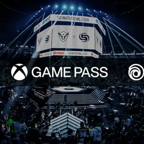 Vista panorámica de un estadio durante el Six Invitational 2024, con los logos de Rainbow Six Siege, Xbox Game Pass y Ubisoft al frente.