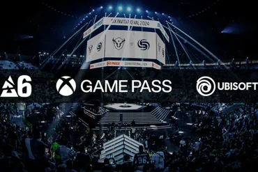 Vista panorámica de un estadio durante el Six Invitational 2024, con los logos de Rainbow Six Siege, Xbox Game Pass y Ubisoft al frente.