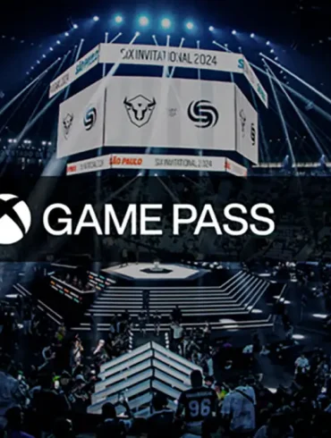 Vista panorámica de un estadio durante el Six Invitational 2024, con los logos de Rainbow Six Siege, Xbox Game Pass y Ubisoft al frente.