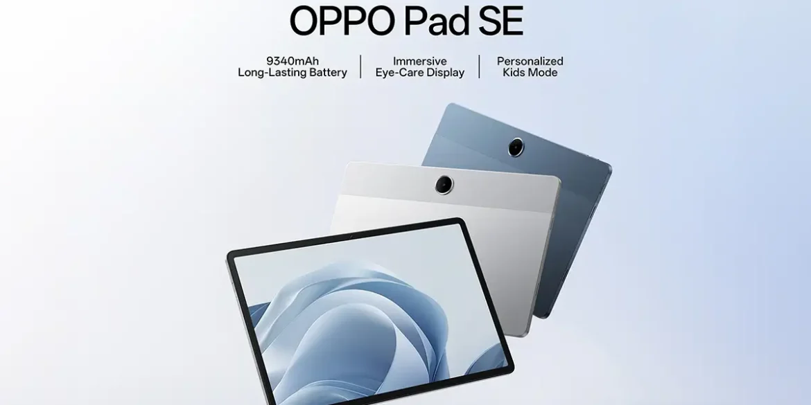 Tablet OPPO Pad SE en colores Plata Estelar y Azul Crepúsculo con pantalla LCD de 11 pulgadas, batería de 9340 mAh y sistema ColorOS, diseñada para entretenimiento, productividad y control parental avanzado.