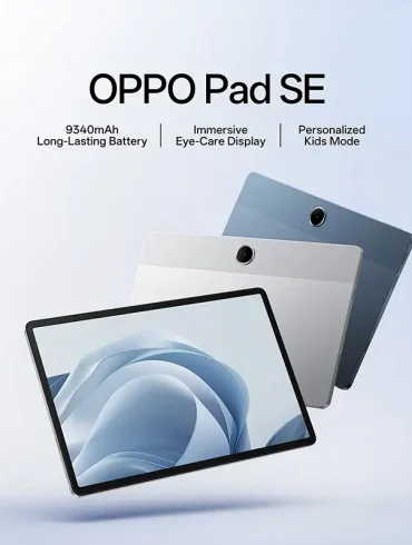 Tablet OPPO Pad SE en colores Plata Estelar y Azul Crepúsculo con pantalla LCD de 11 pulgadas, batería de 9340 mAh y sistema ColorOS, diseñada para entretenimiento, productividad y control parental avanzado.